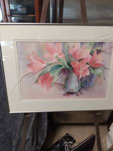 lot 4314 image: framed print of flowers and vase has broken glass 27 in wide 20 in tall