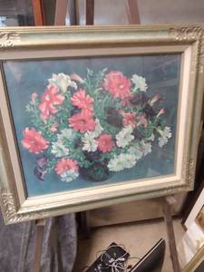 lot 4318 image: framed print of petunias in a basket 25 and a half inches wide 21 and 12 in tall