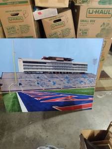 lot 4321 image: picture of University Kansas memorial stadium on hard plastic 0 49 12 in wide 40 and 12 in tall has crack on top by the inch down in the center and one corner broke