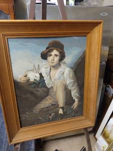lot 4328 image: frame painted picture of little boy and rabbit 21 in wide 25 in tall
