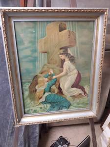 lot 4329 image: antique framed print of girl praying at the saviors cross 18 and 14 in wide 22 14 in tall