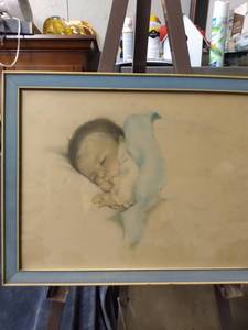 lot 4347 image: framed antique print of sleeping baby 17 and 12 in wide 13 and 12 in tall