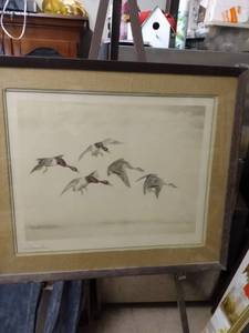 lot 4358 image: framed vintage Danchin etching of Mallards in flight 31 and 12 in wide 27 in tall where certificate of authenticity