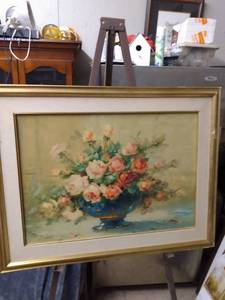 lot 4366 image: frame painting of roses and vase by Francisco Iodice b 34 in wide 26 and 12 in tall