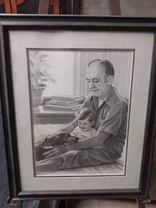 lot 4372 image: framed print of man boy and dog by Lyle Burke 1997 18 and 12 in wide 22 in tall