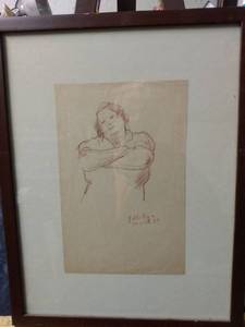 lot 4380 image: framed drawing of woman with crossed arms dated March 1937 12 in wide 15 and 12 in tall