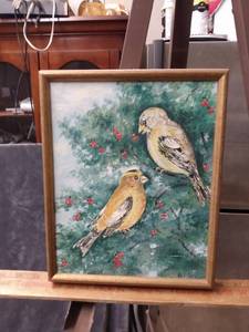 lot 4384 image: framed painting by Gladys Farrell of two birds nine inches wide 11 inches tall
