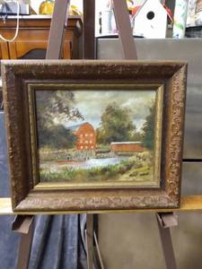 lot 4385 image: framed painting by Gladys Farrell of farm setting 13 and 12 in wide 11 and 12 in tall