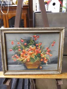 lot 4386 image: framed painting by Gladys Farrell called Love apples and persimmons 13 and 34 wide 10 and 34 tall