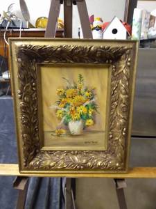 lot 4387 image: framed painting by Gladys Farrell of flowers in a pot 13 in wide 15 in tall