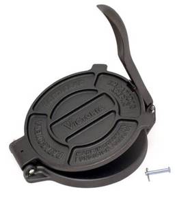 lot 65609 image: Victoria 8 Inch Cast Iron Tortilla Press. Tortilla Maker, Flour Tortilla press, Rotis Press, Dough Press, Pataconera Seasoned with Flaxeed Oil, Black -