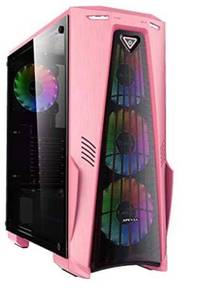 lot 65617 image: Apevia Crusader-F-PK Mid Tower Gaming Case with 1 x Full-Size Tempered Glass Panel, Top USB3.0USB2.0Audio Ports, 4 x RGB Fans, Pink Frame