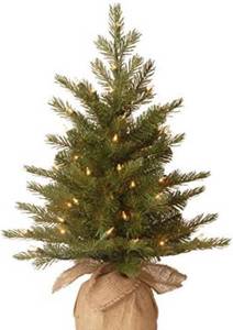 lot 65662 image: National Tree Company Pre-Lit Feel Real Artificial Mini Christmas Tree, Green, Nordic Spruce, White Lights, Includes Burlap Bag Base, 2 Feet