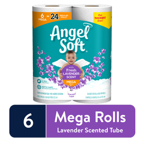 lot 13030 image: Angel Soft Toilet Paper, Lavender Scenetd Tube, 6 Mega Rolls PACK OF 3