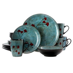 lot 13131 image: Elama Floral Accents 16 Piece Stoneware Dinnerware Set in Blue