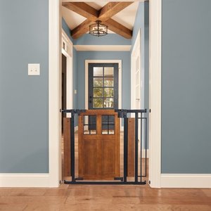 lot 13182 image: Evenflo 30 Easy Walk Thru Child Safety Barn Door Doorway & Stairs Gate, Brown