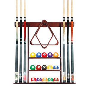 lot 13298 image: Cue Rack Only- 6 Pool Billiard Stick  Ball Set Wall Rack Holder Mahogany Finish