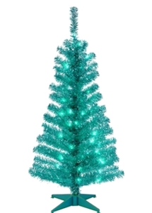 lot 13106 image: 1National Tree 4 ft Turquoise Tinsel Tree with Clear Lights