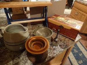 lot 33072 image: Pottery pitcher old paper holder & misc.