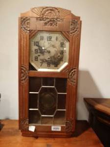 lot 33111 image: Antique solid wood frame Westminster (french) clock w key