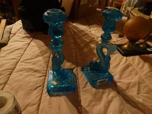 lot 33173 image: Blue glass candle holder- pair