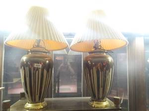 lot 33222 image: Awesome pair of mid century table lamps w shades-