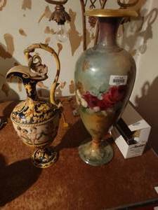 lot 33351 image: Tall intricate pitcher & tall painted vase