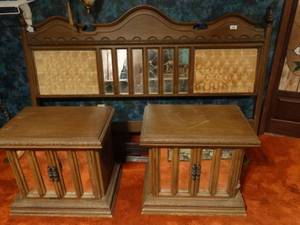lot 33374 image: Vintage complete bedroom set- headboard 2 night stands long dresser w mirrorsarmoire cabinet