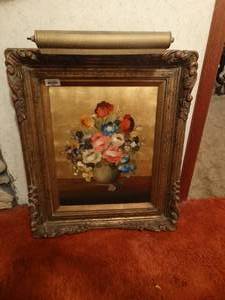 lot 33298 image: Nice wood carved framed painting- signed by artist & frame light included