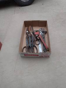 lot 4449 image: flat of crescent wrench sheet metal cutters and pipe wrench