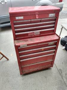 lot 4450 image: older home tool storage toolbox two pieces 27 in wide 18 in deep 45 in tall
