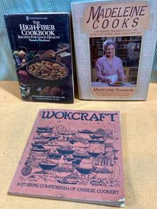 lot 7460 image: cookbooks (wokcraft, 1972) The high-fiber cookbook 1982, Madeleine cooks 1986