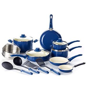 lot 4487 image: GreenLife CC002378-001 Soft Grip 16 Piece Ceramic Non-Stick Cookware Set, Blue