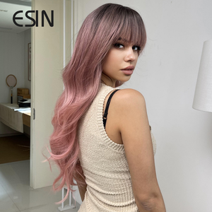 lot 6516 image: Essin Red Brown Ombre to Pink Long Water Wave Wigs with Bangs for Women Natural Synthetic Hair Party Heat Resistant
