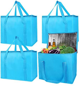 lot 6525 image: 4-Pack, Large Insulated Grocery shopping bag, Blue, reusable bags,zipper,Collapsible,tote,cooler,for men women,for instacart,leakproof,soft,Recycled Material