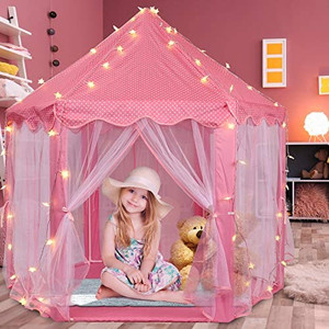 lot 6528 image: Volscity Princess Tent for Girls,Kids Castle Play Tent with LED Star Lights,Large Playhouse Girl Toy Gifts Age 3,Indoor and Outdoor Games 55.5x 53(DxH) Pink