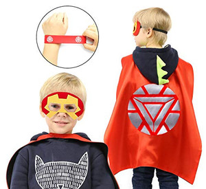 lot 6555 image: Paoive Superheros Cape and Mask Costumes Set Includes Bonus Matching Wristbands for Kids (5 Superheros Cape) IRON MAN ONLY