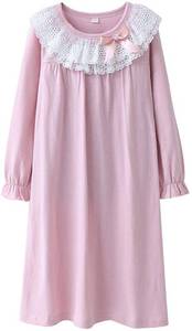 lot 6573 image: DGAGA Kids Girls Cotton Lace Nightgown Long Sleeve Solid Nightwear Top Dresses Pink 4-5 Years 47.2 in