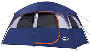 lot 6583 image: CAMPROS - 6-person tent, waterproof, windproof family tent with roof cover, 4 large mesh windows, double layer, easy to assemble, portable with carry bag, for all seasons.
