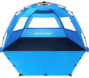 lot 6595 image: WhiteFang Deluxe XL - 3 to 4 Person Pop Up Beach Tent, UV Protection, Extendable Floor with 3 Ventilation Windows, Carry Bag, Stakes and Grab Lines