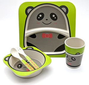 lot 8061 image: Kids Bamboo Plates and Bowls Set - 5-Piece Toddler Set with Bowl, Plates, Tumbler, Spoon and Forks, Natural Kids Dinnerware, Eco-Friendly, BPA Free and Dishwasher Safe