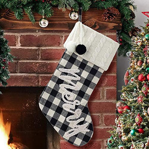 lot 3445 image: HAUMENLY Christmas Stocking, Classic White and Black Plaid Merry Embroidery, Xmas Stocking with Pompons, Home Holiday Decoration