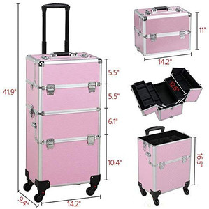 lot 7285 image: Yaheetech 3 in 1 Aluminum Rolling Makeup Case Large Cosmetic Train Case Big Trolley Organizer Case Makeup Organizer Travel Pink