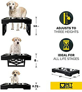 lot 7288 image: Pet Zone Designer Diner Adjustable Elevated Dog Bowls for Large Dogs, Medium and Small - Raised Dog Bowl Stand 2 Dog Food Bowls for Food and Water Double Stainless Steel, 3 Heights, 2.75��, 8, & 12 Appears slightly used