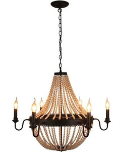 lot 9353 image: Unitary Brand Antique Black Metal and Wood Beads Decoration Wheel Candle Chandelier with 6 E12 Bulb Sockets 240W Painted Finish