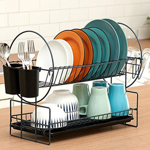 lot 9356 image: Dish Drying Rack, 2 Tier Kitchen Dish Rack and DrainboardCutlery Cup Dark Gray
