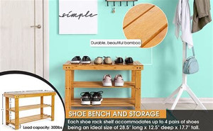 lot 1002 image: Homemaid Living - Bamboo 3 Tier Shoe Rack Bench -Retail $54.99