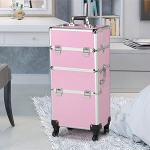 lot 1061 image: Yaheetech - 3 in 1 Aluminum Rolling Makeup Case - Large Pink -Retail $112.99