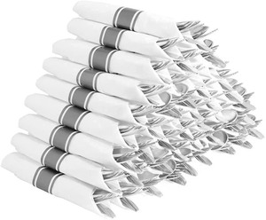 lot 1076 image: Pre Rolled Silver Plastic Cutlery - 50 Pack Disposable Plastic Utensils, Wrapped Silverware Set with 50 Forks, 50 Knives, 50 Spoons and 50 Napkins for Party and Wedding -Retail $39.99