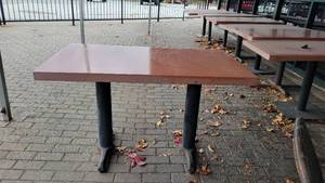 lot 30002 image: 4 Top Orange Stone Top Table W 2 Metal Bases